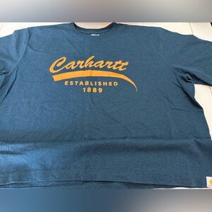 Carhartt Men's Teal T-Shirt with Orange Logo